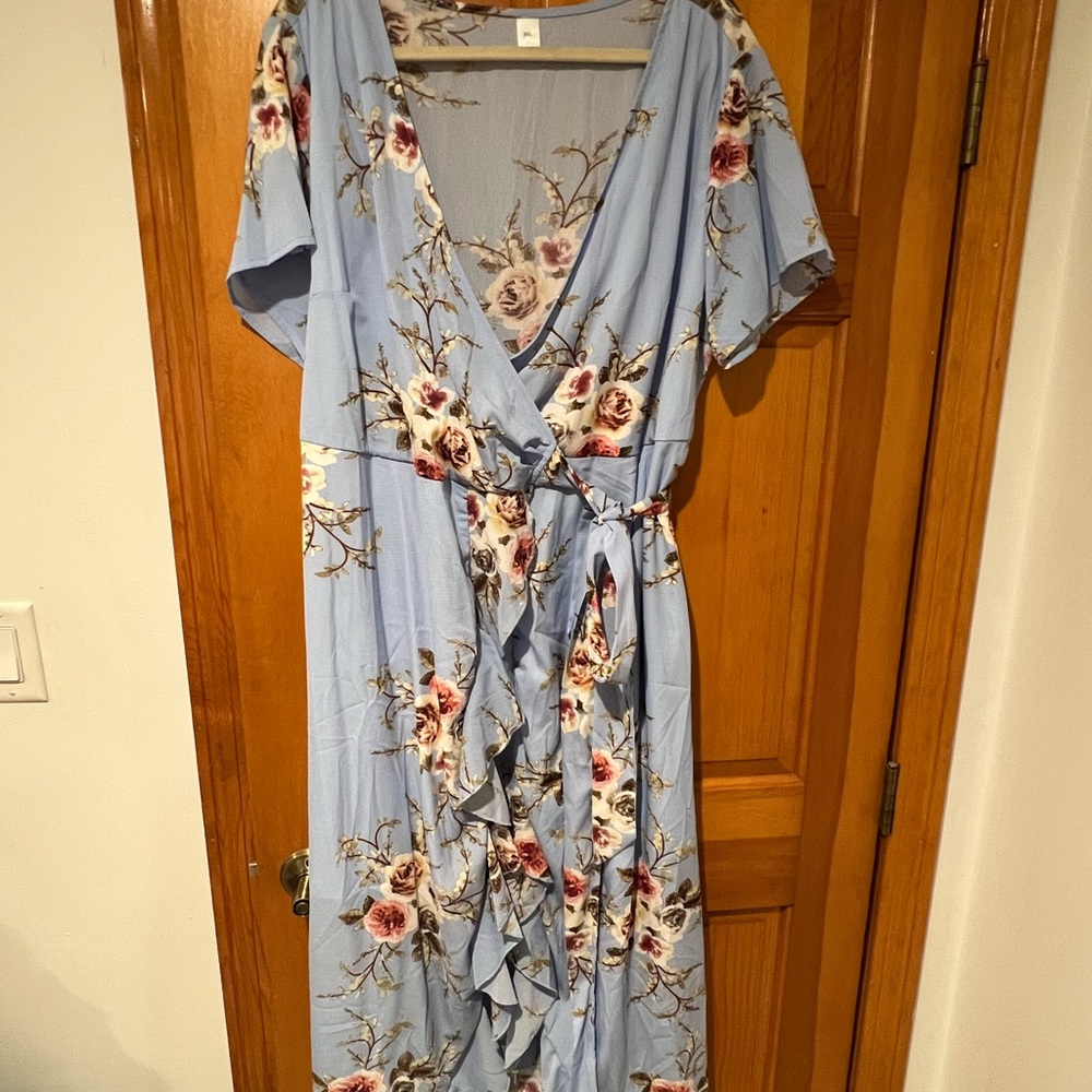 Light Blue Floral Print Maxi Wrap Tie High- Low Dress - Picture 2 of 3